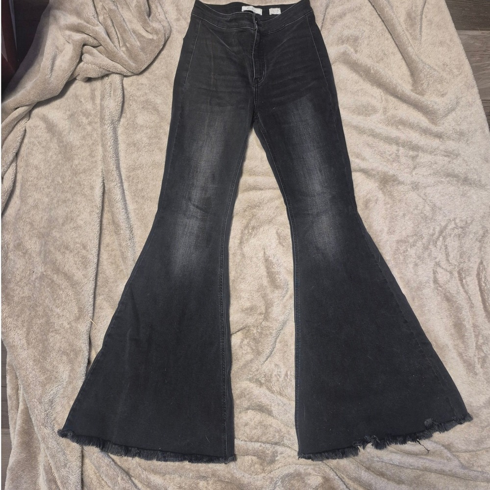 KanCan Signature High Rise Flare Jeans Black Frayed Hem VBK1663R Size 25